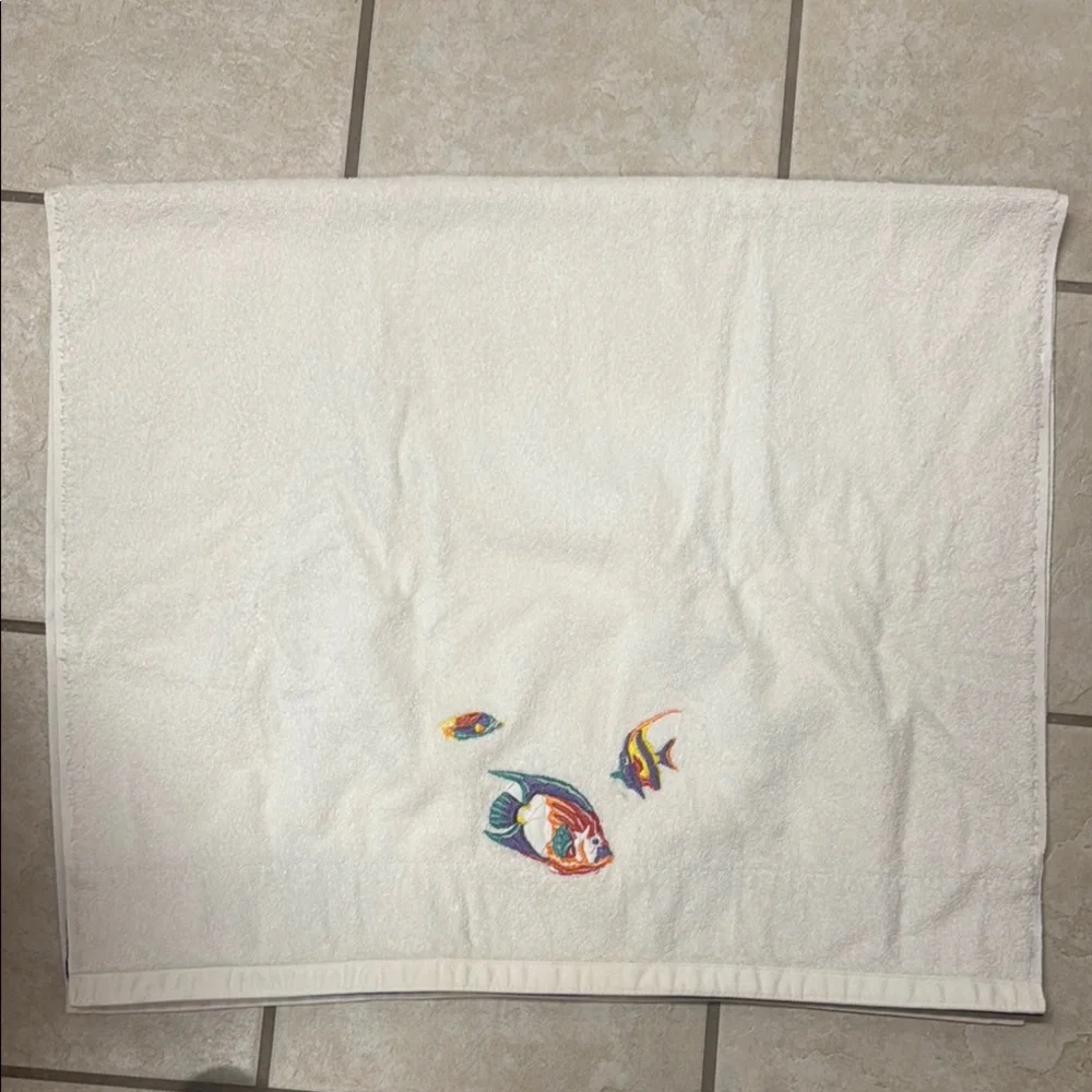 White Bath Towels With Colorful Embroidered Fish & Blue Border